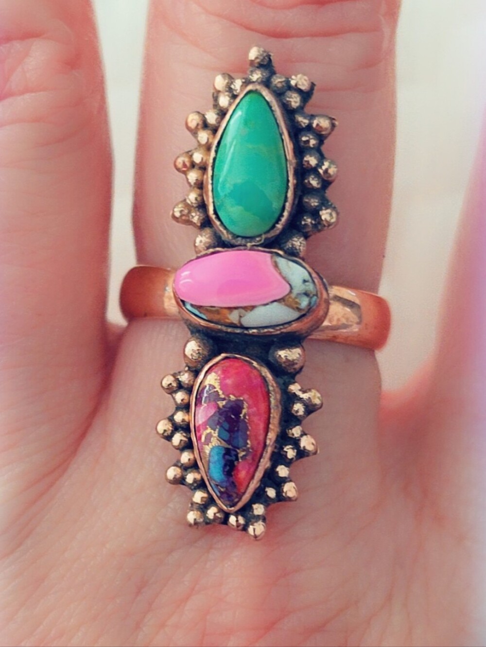 TURQUOISE COTTON CANDY OYSTER DAHLIA GEMSTONE RING, IN COPPER, ADJUSTABLE SIZE